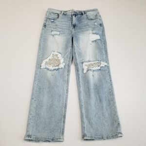 Risen High Rise Sequin Knee Patch Relaxed Straight Leg Jeans Size 1XL